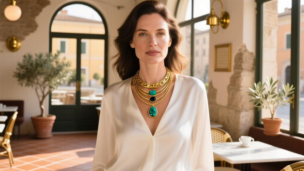 Woman wearing layered VCA gold necklaces with polished onyx and malachite over a white silk blouse in a bright, sunlit cafe in Rome