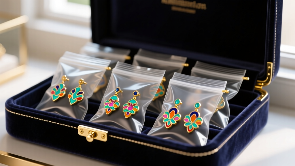 Enamel character earrings stored in individual sealed anti-tarnish zip bags inside a dark velvet jewelry box with gold clasps.