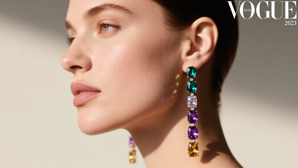 Side profile of a model with a round face wearing long linear multi gemstone drop earrings to elongate the jawline in daylight