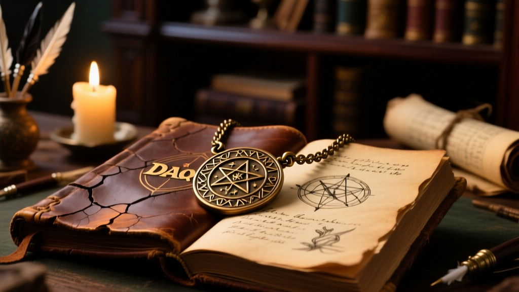 A weathered bronze DND necklace of adaptation replica resting on a vintage leather spellbook under warm flickering candlelight