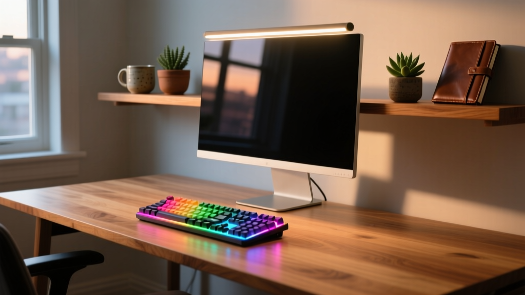 Modern home office desk featuring a glowing monitor light bar, wooden desk shelf, and mechanical keyboard in a cozy evening setup
