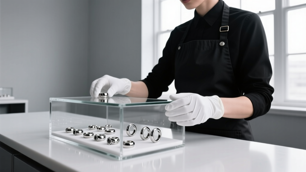Professional piercer at a sterile studio counter displaying a glass case of authentic Wylders titanium clicker rings and huggies