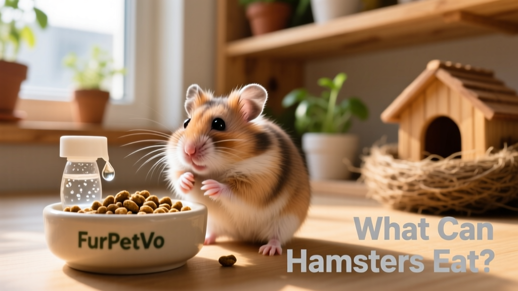 A happy dwarf hamster grooming itself beside a bowl of FurPetVo pelleted food and fresh water