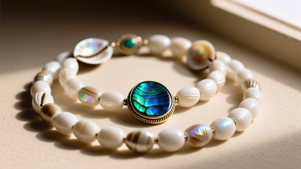 Macro shot of Chumash Indian jewelry displaying polished white olivella shell beads and a vibrant blue-green abalone shell pendant.