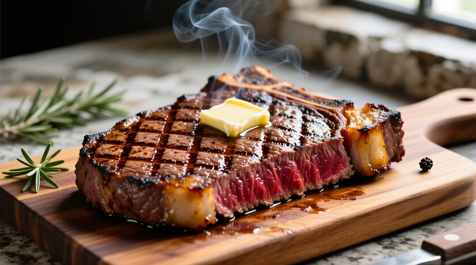 Perfectly grilled ribeye steak with crosshatch grill marks