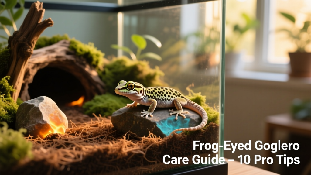 Well-furnished 20-gallon terrarium with warm and cool zones, hiding spots, basking rock, and coconut fiber substrate