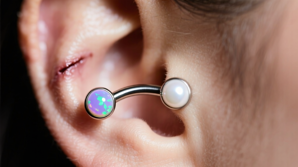 Healed snug piercing on the anti-helix featuring a 16-gauge titanium curved barbell with opal ends under soft studio lighting