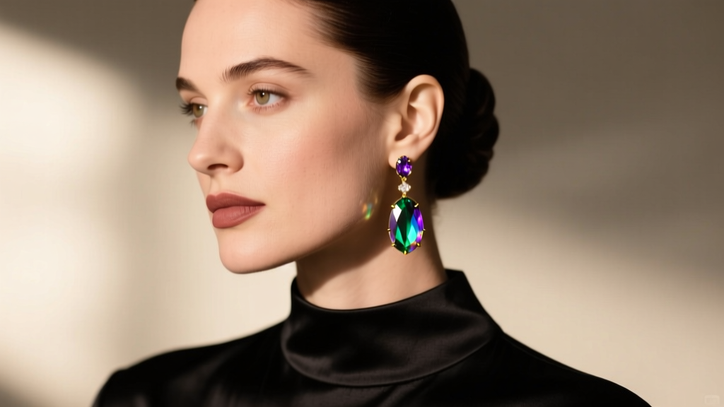 Profile of a woman wearing vintage Boucher aurora borealis drop earrings with a modern minimalist black silk blouse and sleek updo.
