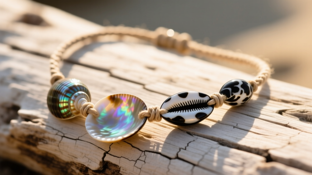 Close-up of restored real seashell puka and cowrie necklace on waxed cord, resting on weathered driftwood in soft sunlight.