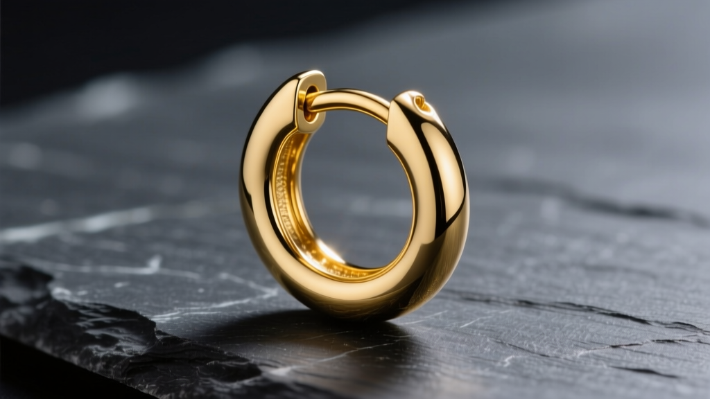 Macro shot of a polished 14k yellow gold huggie earring with a snap-barrel clasp resting on dark slate under soft studio lighting