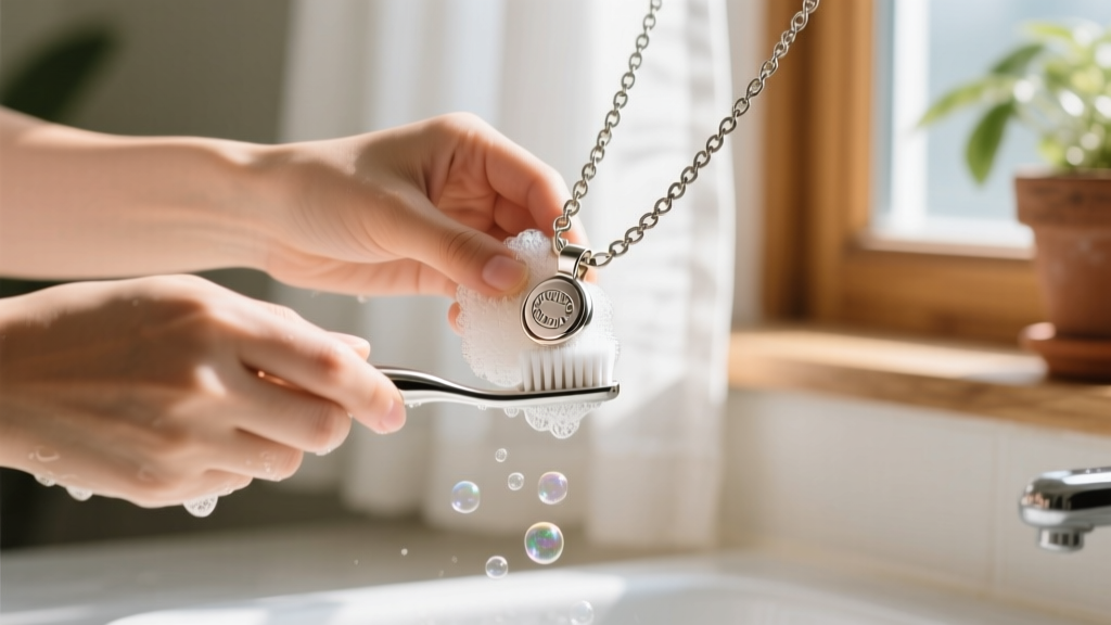 Hands scrubbing a steel pendant chain with a soft toothbrush in warm soapy water under bright natural window light