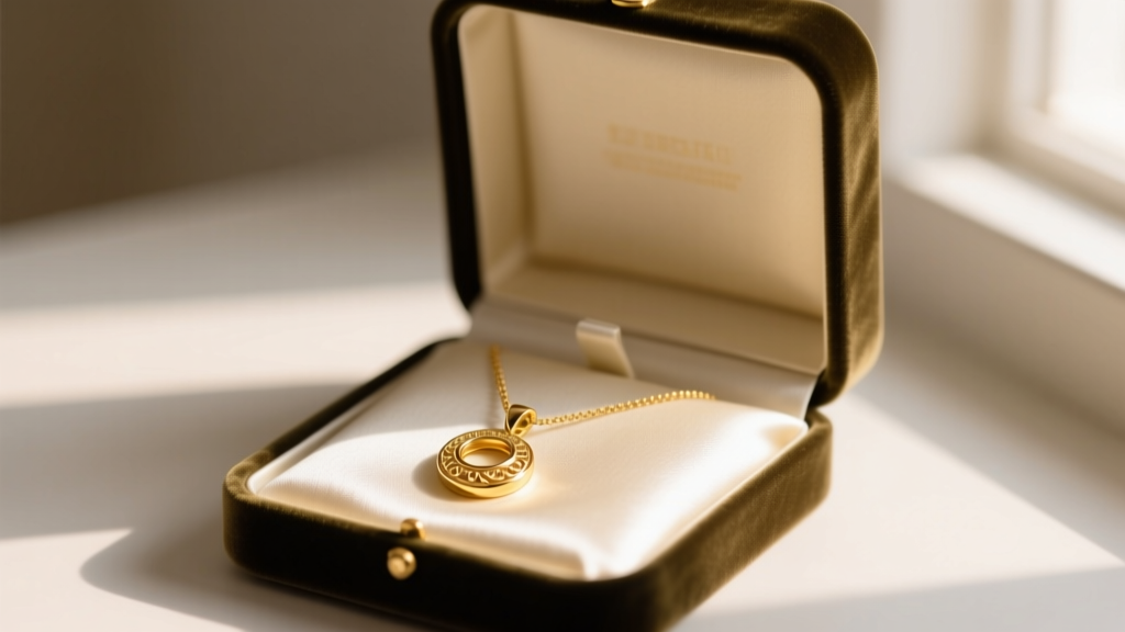 Open velvet box revealing a delicate 14k solid gold pendant necklace resting on cream silk fabric under warm, natural window light