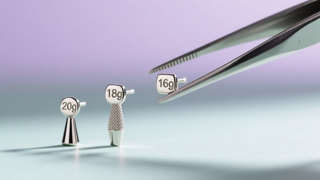 Close-up of three earring post thicknesses, 20g, 18g, and 16g, held by silver tweezers against a soft blurred pastel background