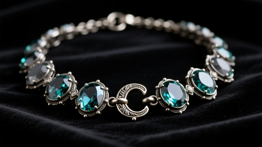 Close-up of a Victorian foil-backed paste crystal necklace on dark velvet, highlighting oxidized silver settings and a C-clasp.