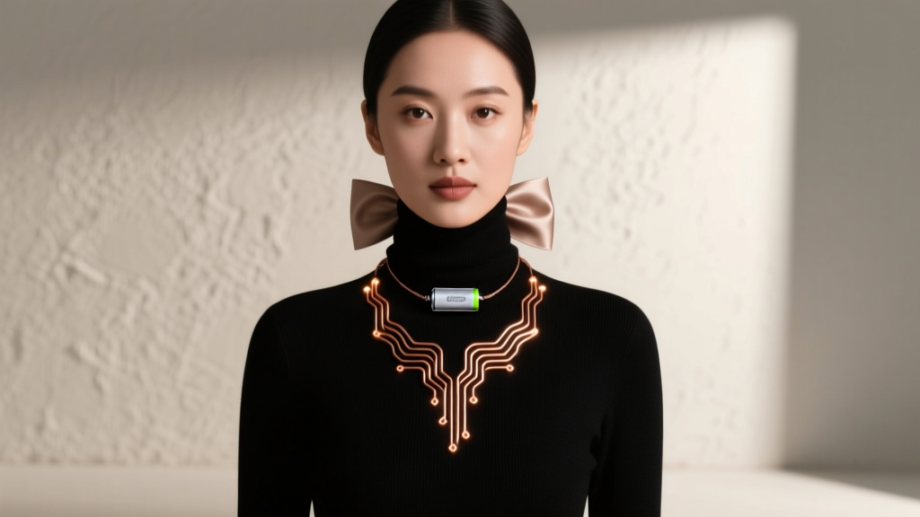 Woman wearing a light-up copper wire necklace over a black turtleneck, the small battery pack discreetly hidden behind a silk bow