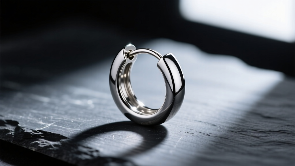 Macro shot of a polished 13mm titanium hinged hoop earring resting on dark slate with dramatic side lighting and sharp focus.