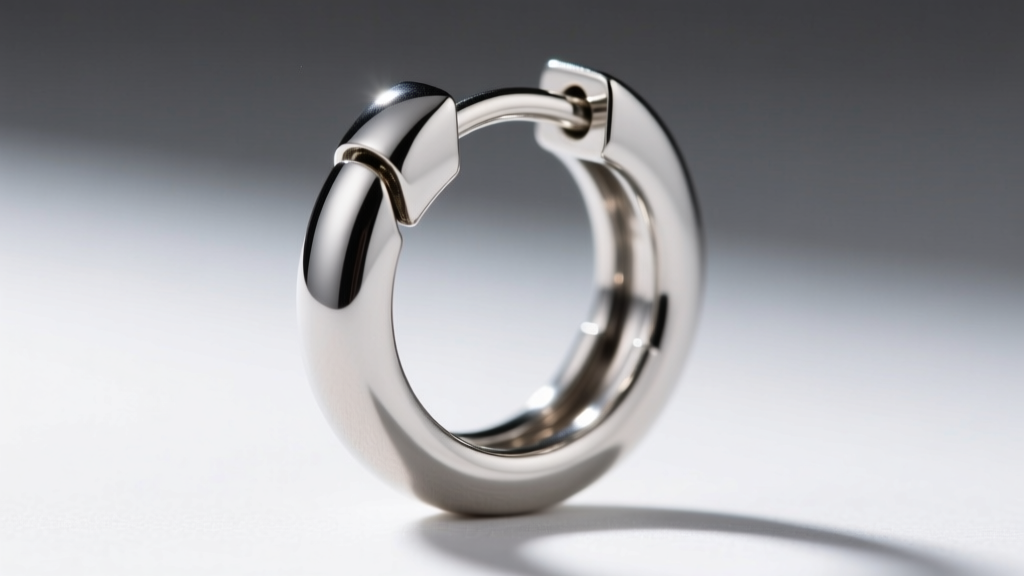Macro shot of a hinged clicker clasp on a titanium hoop earring, highlighting the secure locking groove and polished finish