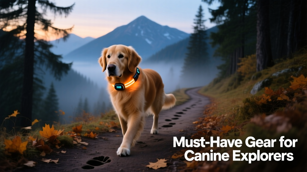 A dog wearing a sleek, illuminated smart collar on a twilight trail