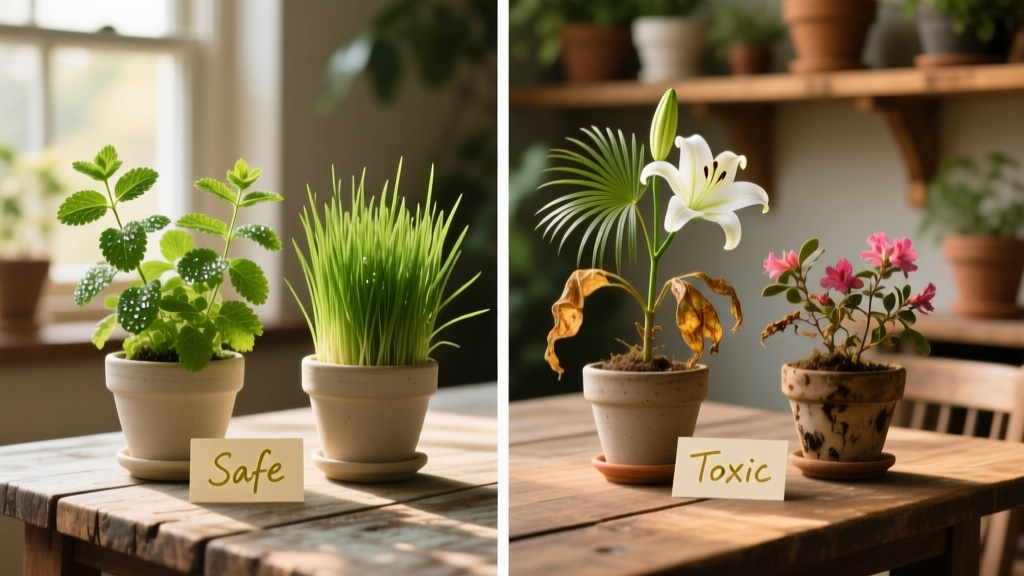 Side-by-side comparison showing safe cat-safe plants (like catnip and wheatgrass) versus toxic ones (lily, sago palm, azalea)