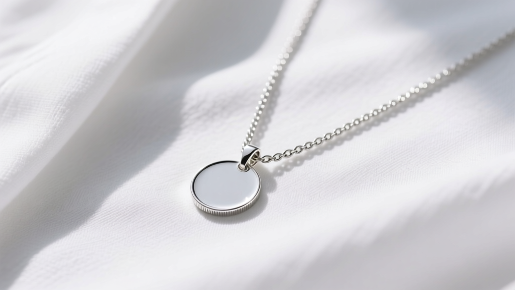 Close-up of a minimalist sterling silver coin pendant on a 28-inch cable chain resting on a white linen blouse in bright daylight.