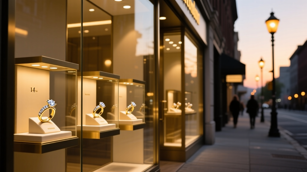Independent jewelry shop storefront displaying 14k gold diamond rings, shot from street level at dusk with warm lighting