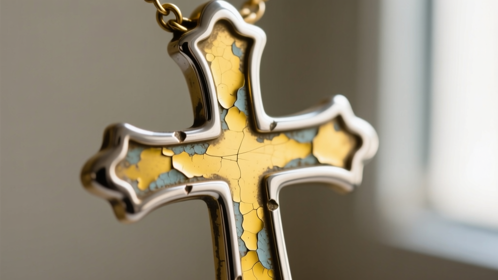 Macro shot of a worn chrome-plated brass cross necklace edge revealing the dull yellow base metal underneath the peeling finish