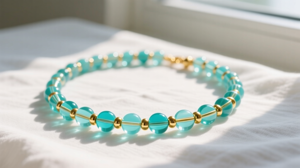 Vibrant summer beaded necklace featuring turquoise glass and gold-filled spacer beads resting on sunlit white linen fabric.