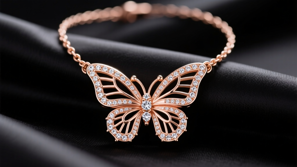 Close-up of an 18k rose gold Roberto Coin butterfly necklace with diamond pavé wings resting on black silk, soft studio lighting.