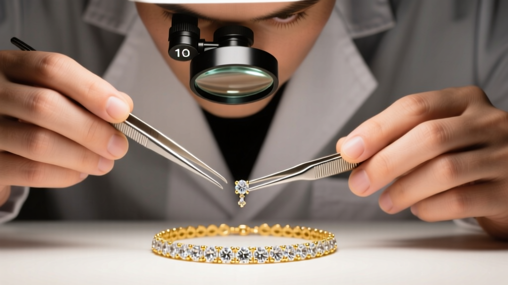 Jeweler using a 10x loupe and fine steel tweezers to inspect a loose prong on a gold bling necklace under bright LED lighting