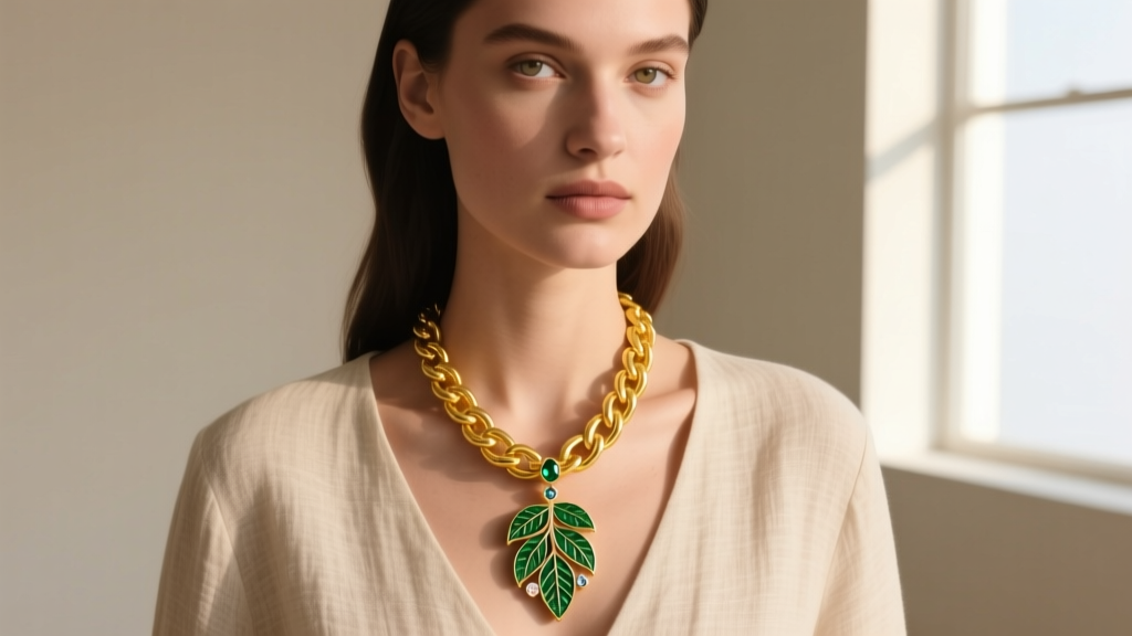 Model layering a delicate 12k green gold Black Hills pendant with a chunky 14k yellow gold chain over a neutral linen top