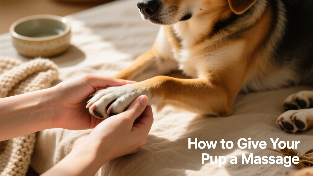 Top-down view of hands gently massaging a dog’s front paw, focusing on the pads and spaces between toes
