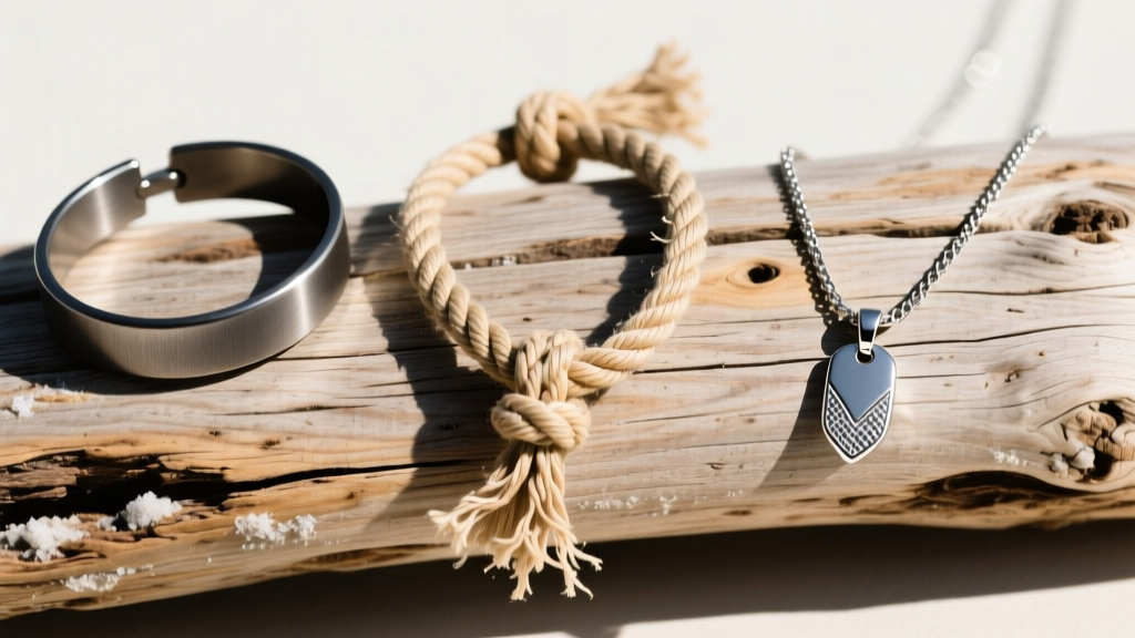 Flat lay of three surfer necklaces on driftwood: a frayed cotton cord, a pristine titanium piece, and a mid-tier steel choker.