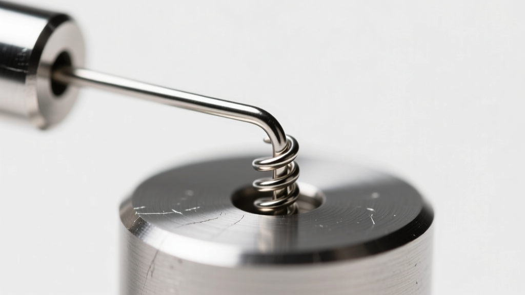 Macro view of a bent threadless earring pin halfway into a flat back post, showing the tension curve under bright studio light