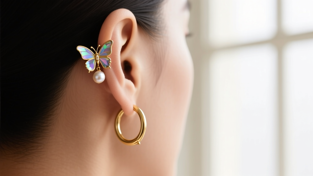 Rear view of an earlobe wearing a pearl-tipped butterfly back earring, styled next to a delicate 14k gold cartilage huggie hoop.