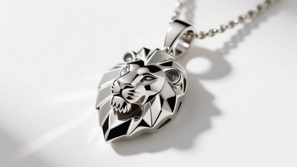 Side profile of a polished 316L stainless steel lion pendant reflecting studio light, showcasing its mirror finish and sharp edges