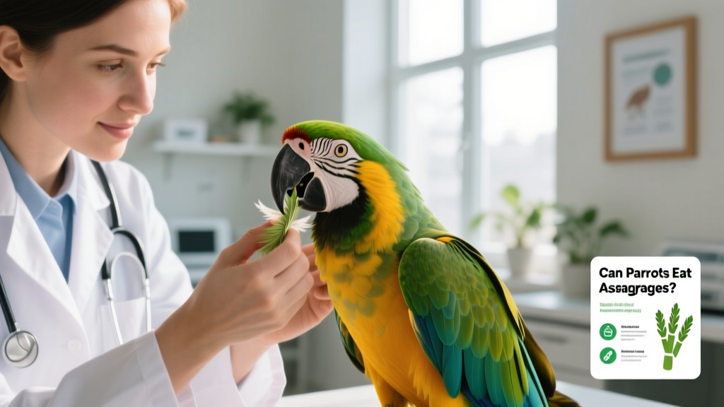 Close-up of a veterinarian gently examining a parrot’s beak and feathers during a wellness checkup