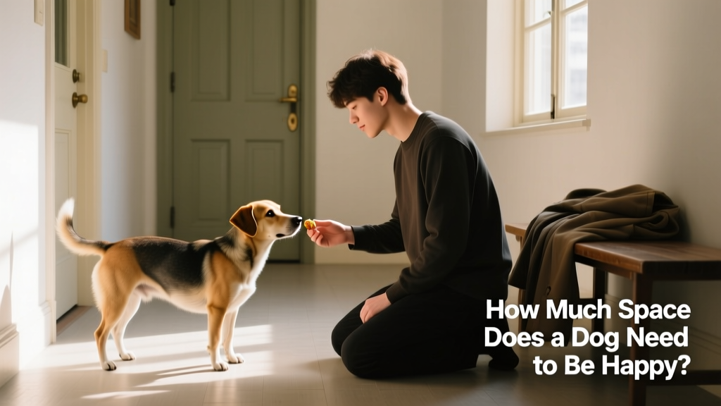 A person kneeling beside a curious, slightly hesitant dog in a tidy entryway, offering gentle reassurance as the dog sniffs a treat