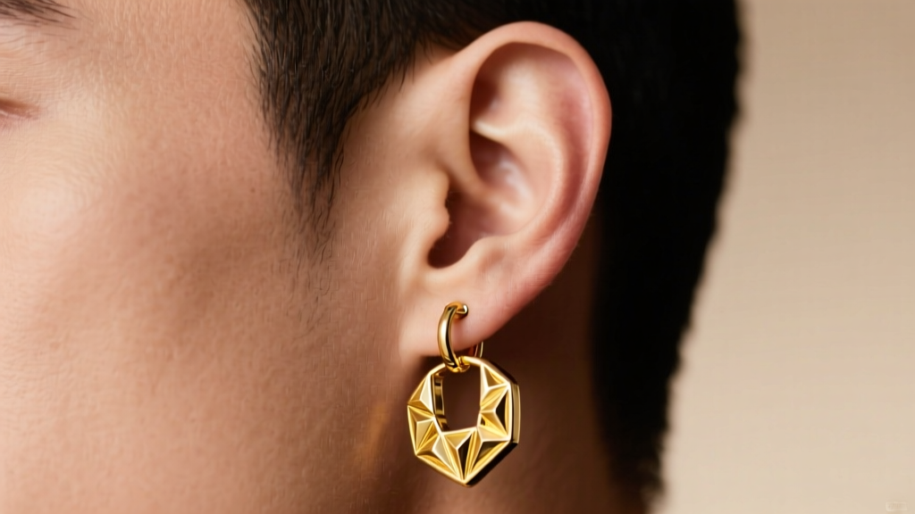 Side profile of a male ear wearing a heavy 18k yellow gold pendant earring with an 18-gauge post and secure silicone O-ring back