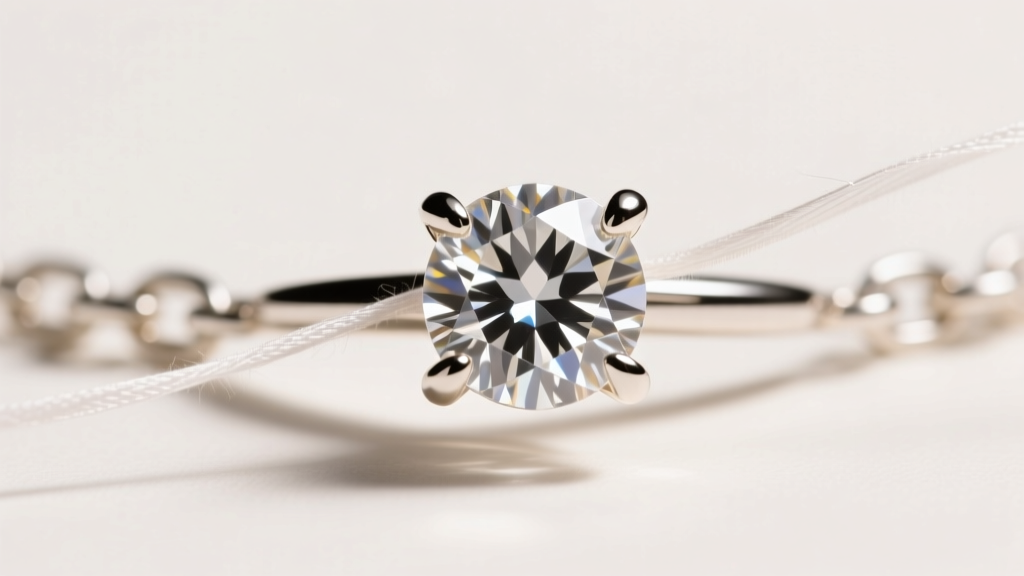 Macro shot of a four-prong diamond setting on a thin white gold chain, revealing a slightly lifted prong catching on a silk thread.