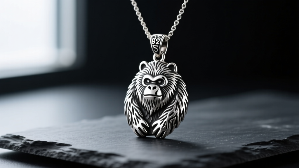 Macro shot of a 925 sterling silver bigfoot necklace pendant with deep oxidation in textured fur details, resting on dark slate.