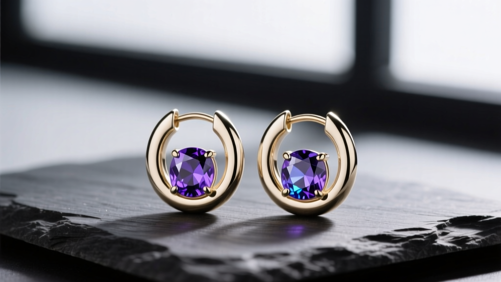Close-up of 14k white gold huggie hoop earrings with deep violet tanzanite gems resting on dark textured slate.