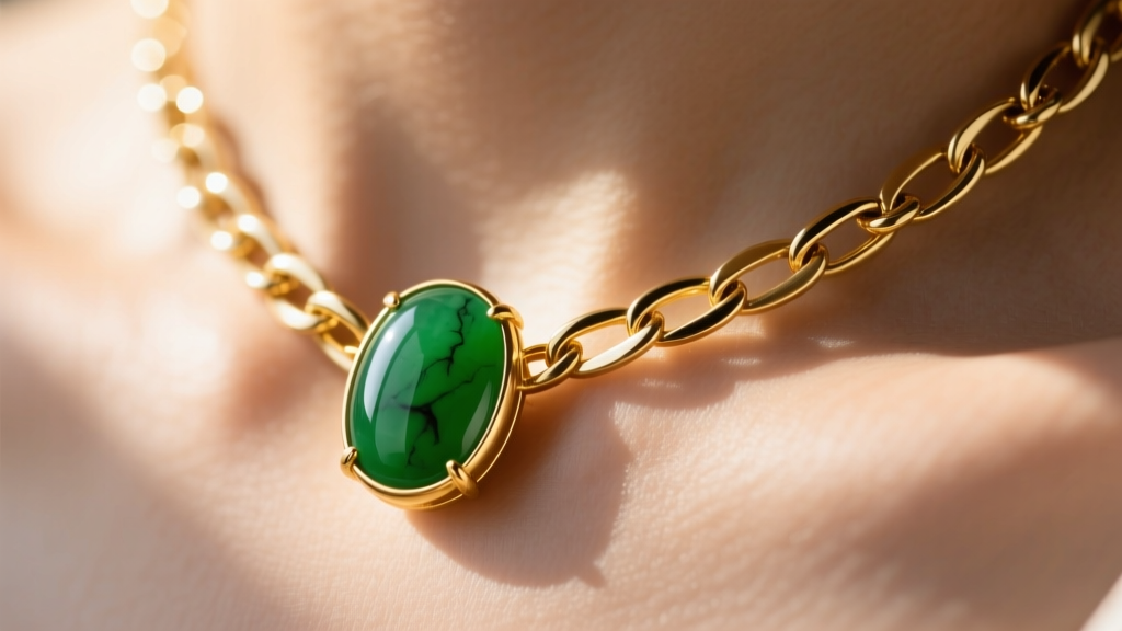 Macro shot of an 18k gold Figaro chain on a collarbone with an oval jade cabochon pendant in a thick bezel, lit by warm sunlight.