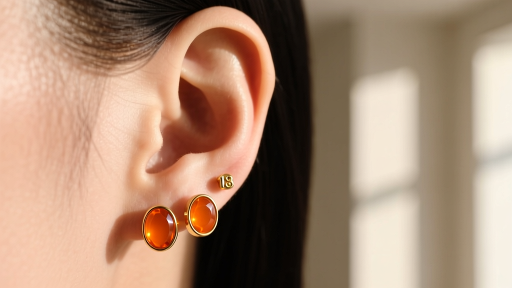Close-up of an ear wearing 18-gauge gold stud earrings with polished orange carnelian cabochons in soft natural sunlight.