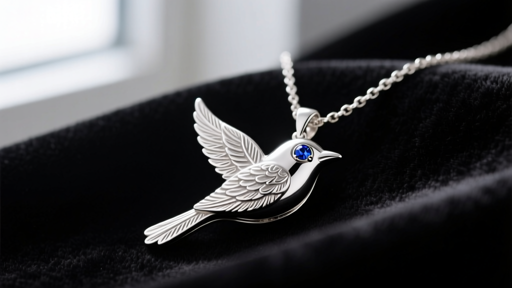 Close-up of a sterling silver necklace with bird pendant featuring intricate feather engraving and a sapphire eye on dark velvet
