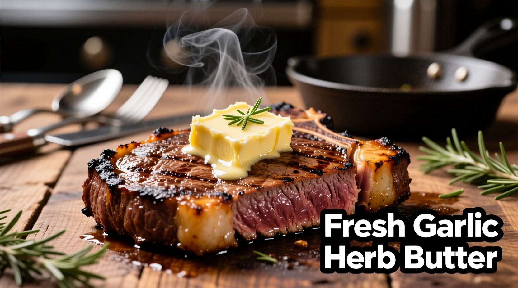 Fresh garlic herb butter sliced onto sizzling ribeye steak