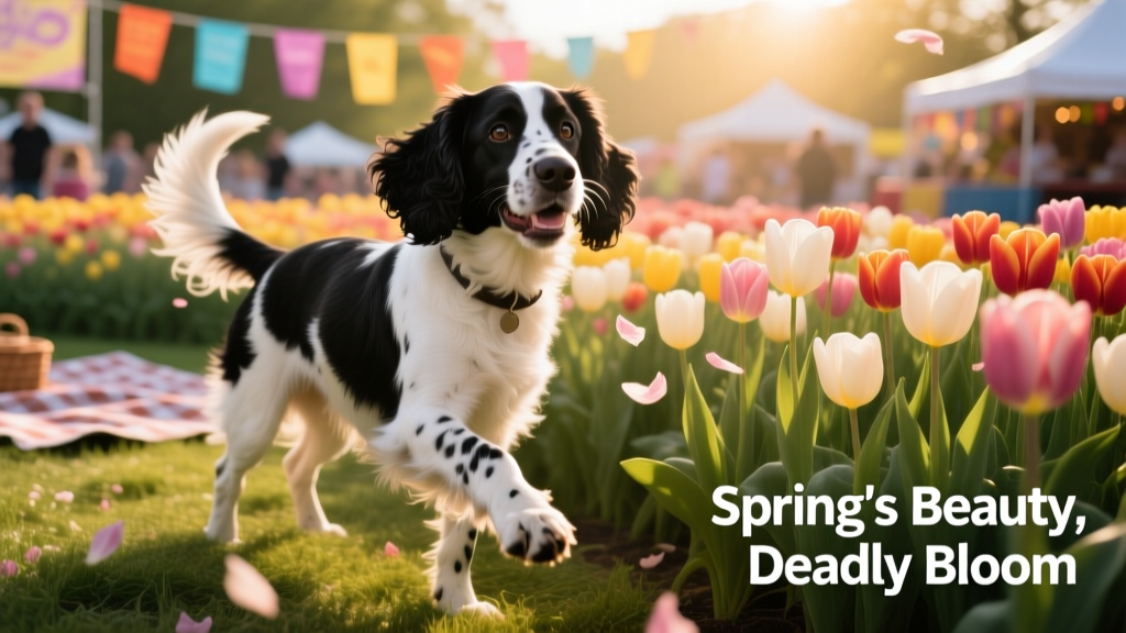 A cheerful Springer Spaniel standing among blooming tulips at a spring festival