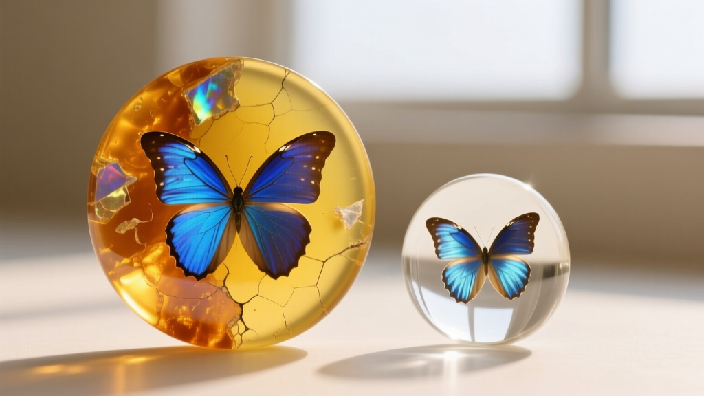 Macro shot comparing yellowed epoxy resin and a clear glass cabochon, both housing iridescent blue butterfly wing fragments.