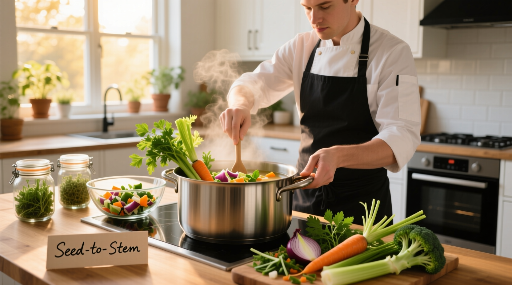 Chef preparing seed-to-stem vegetable broth with fresh scraps