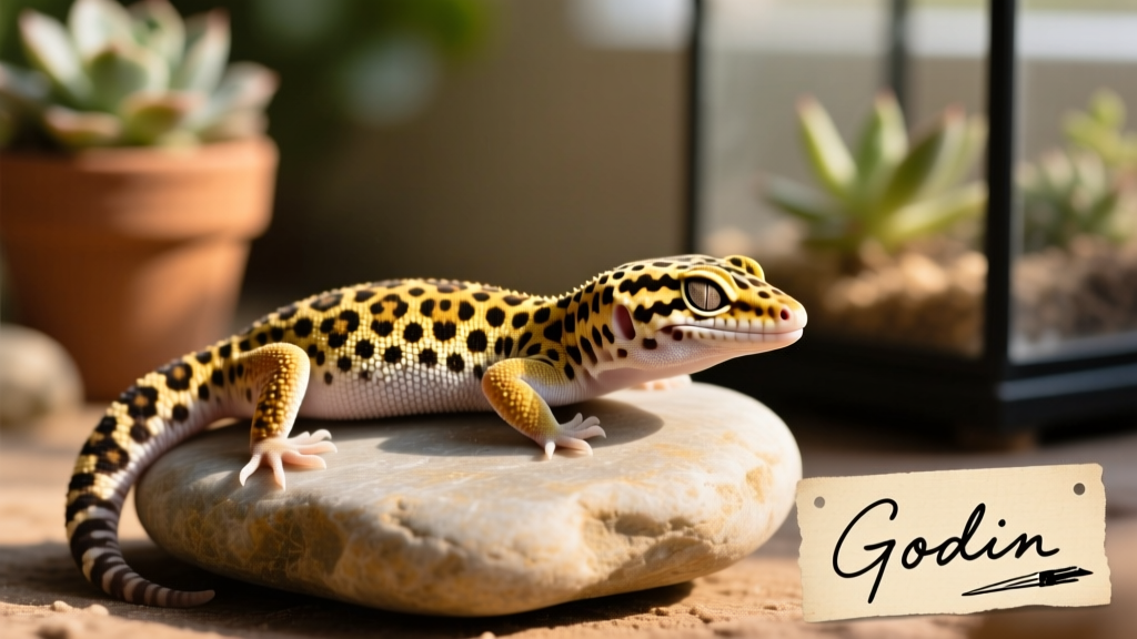 A relaxed leopard gecko resting on a smooth stone, eyes half-closed in contentment