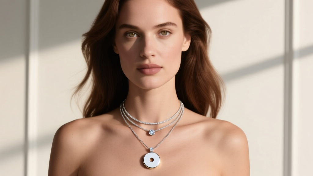 Woman wearing a layered stack featuring a 10mm 14k white gold disc necklace paired with a delicate diamond solitaire pendant.